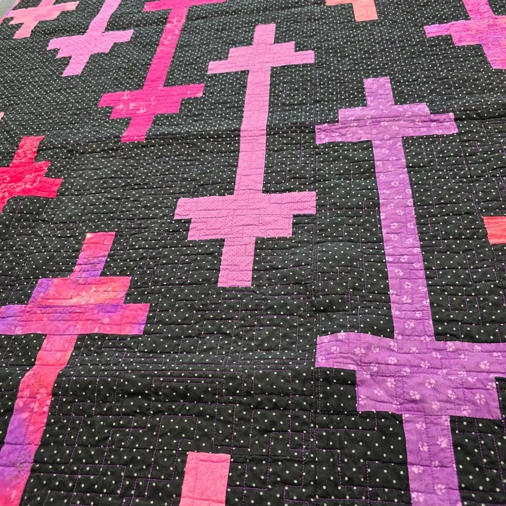 Handmade‎ Modern Patchwork Quilt Pink Purple Cross Plus Sign Minky Back 54x40